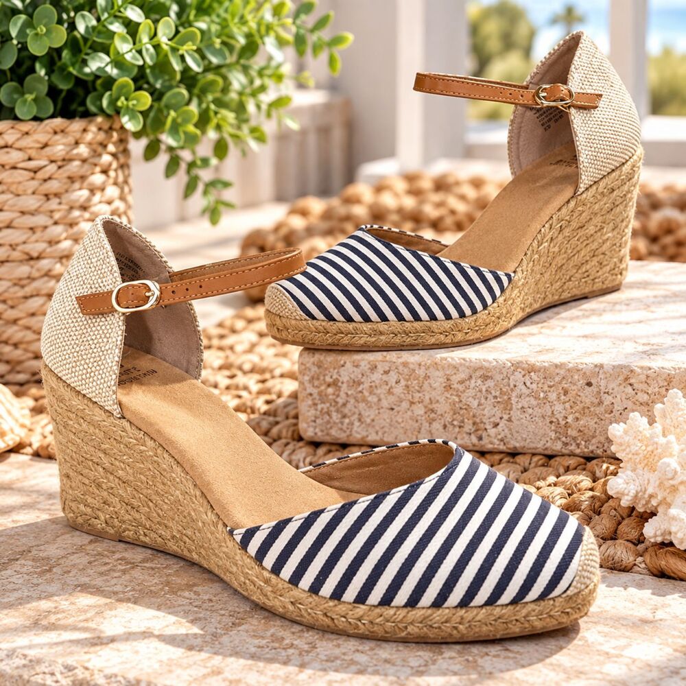 White Mountain Mamba Espadrille Wedge Sandals Blue White Striped Sz 10 Nautical